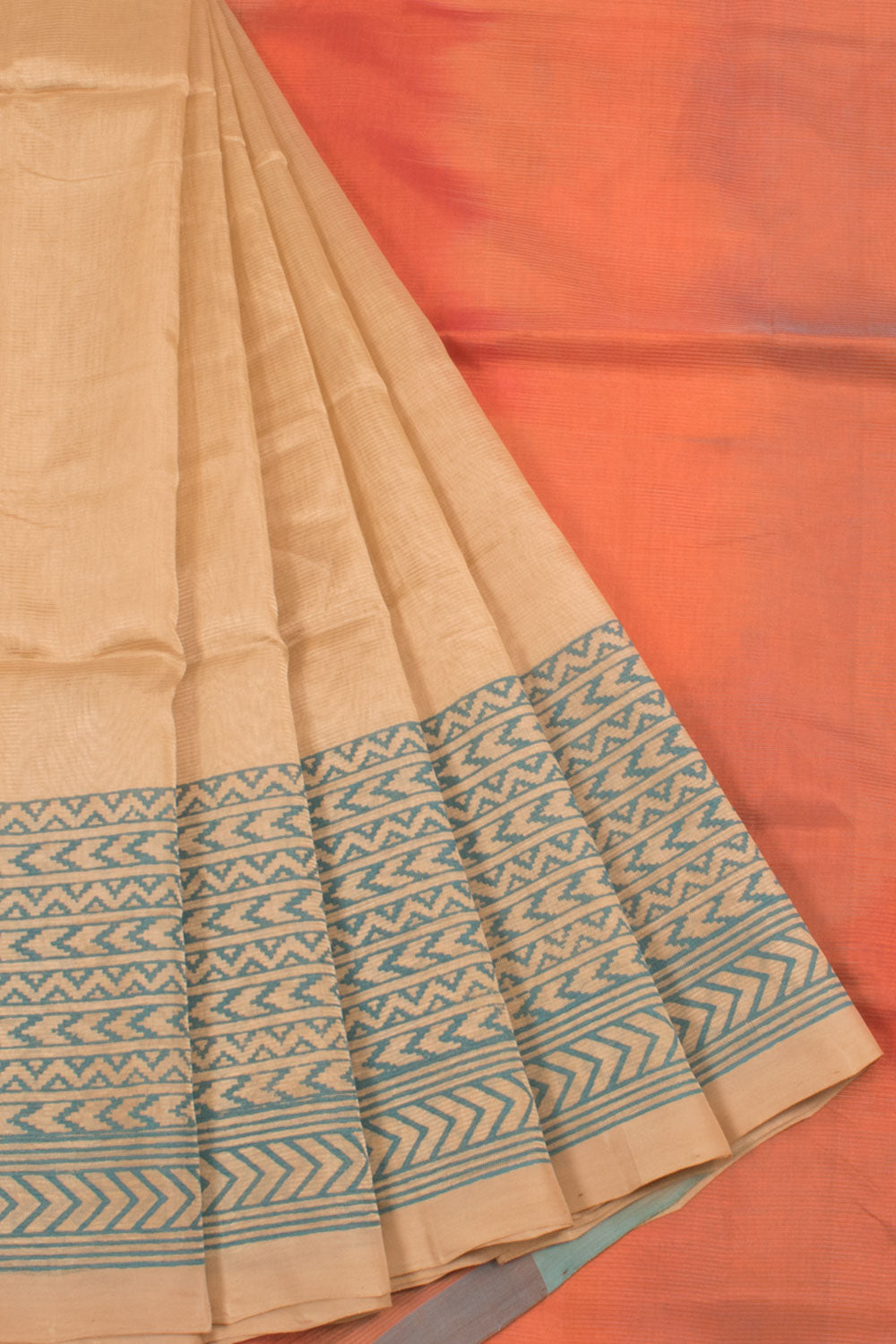Hand Block Printed Mangalgiri Silk Saree with Ikat Pallu