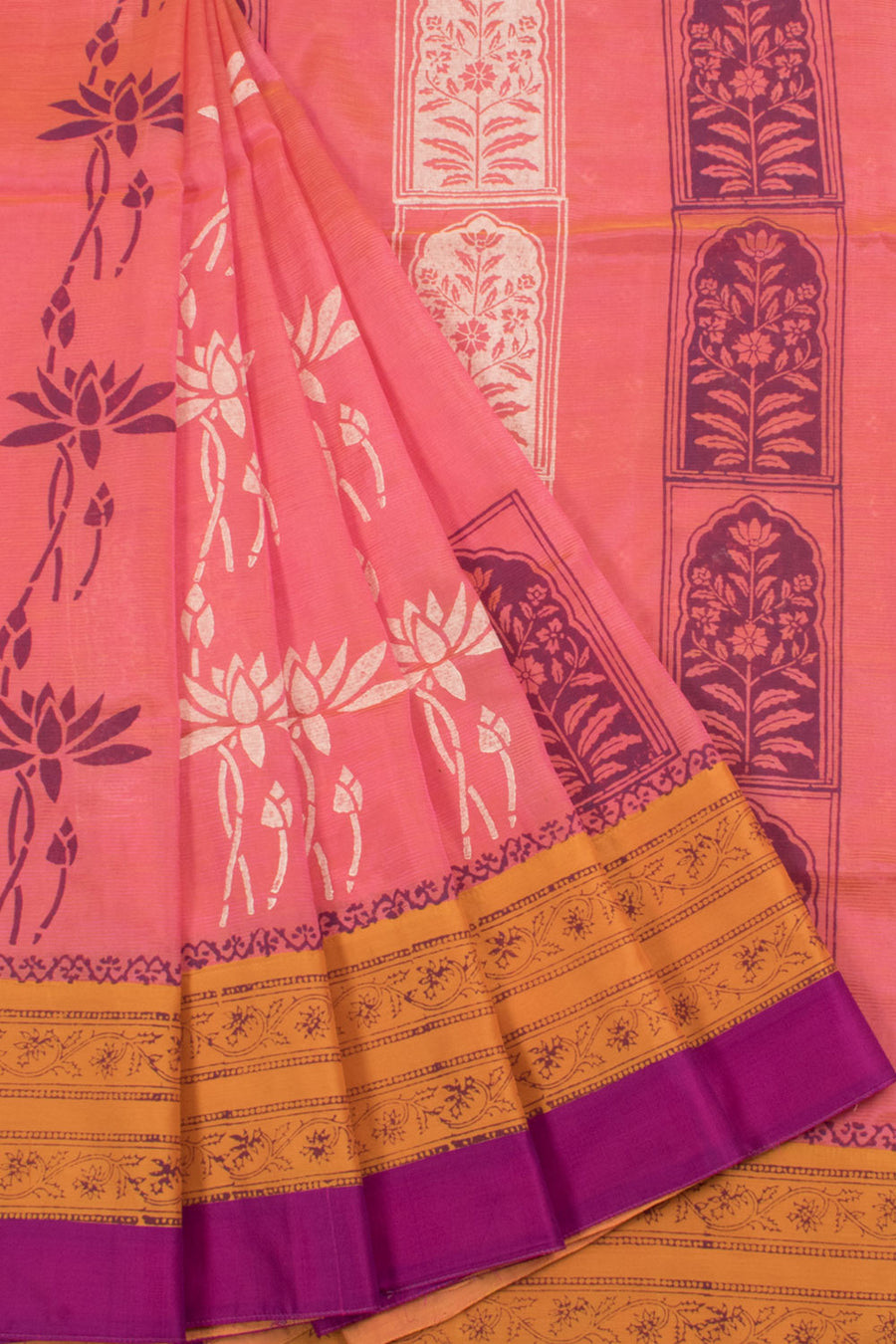 Hand Block Printed Mangalgiri Silk Saree with Floral Motifs