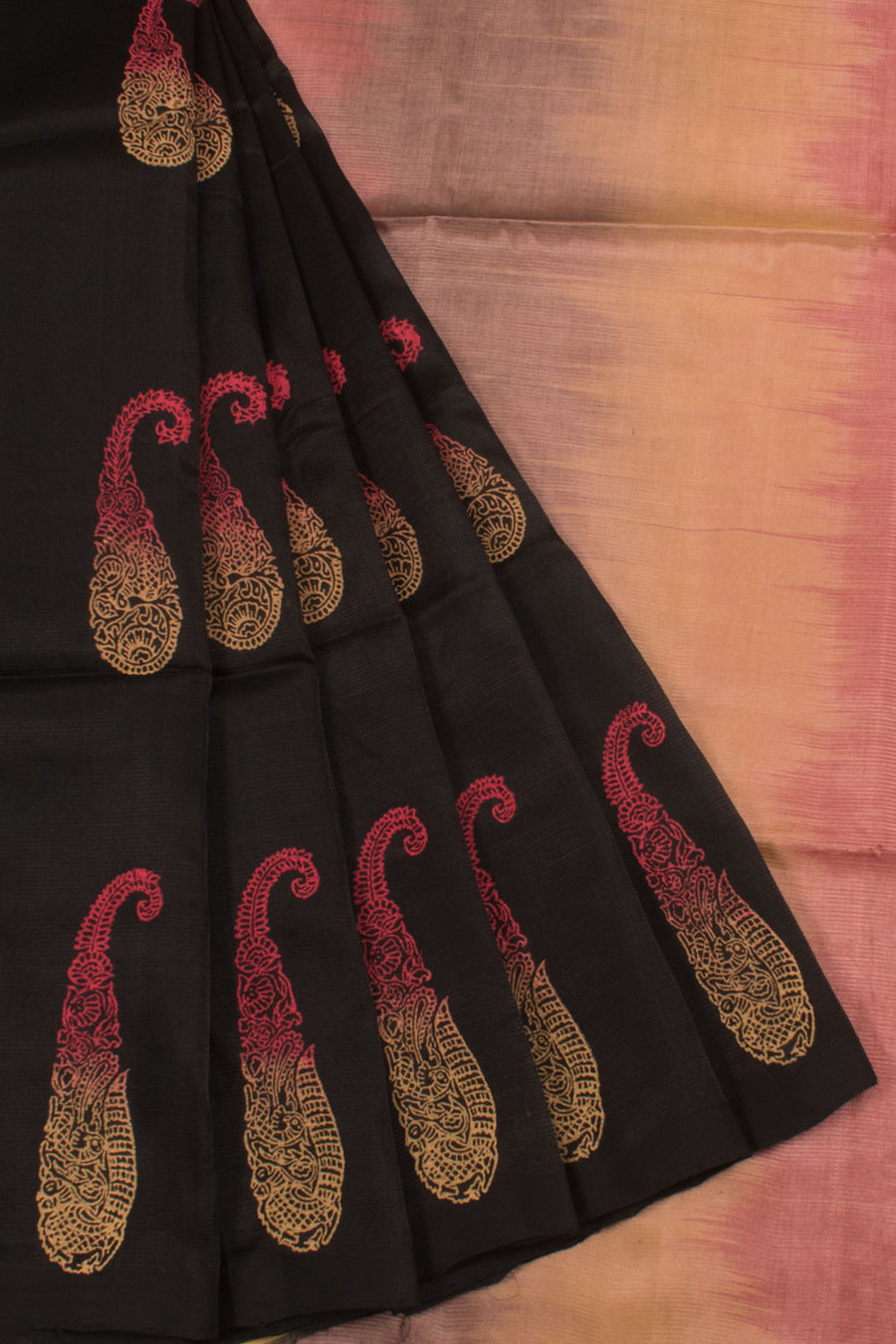 Hand Block Printed Mangalgiri Silk Saree with Peacock, Paisley Motifs and Ikat Pallu
