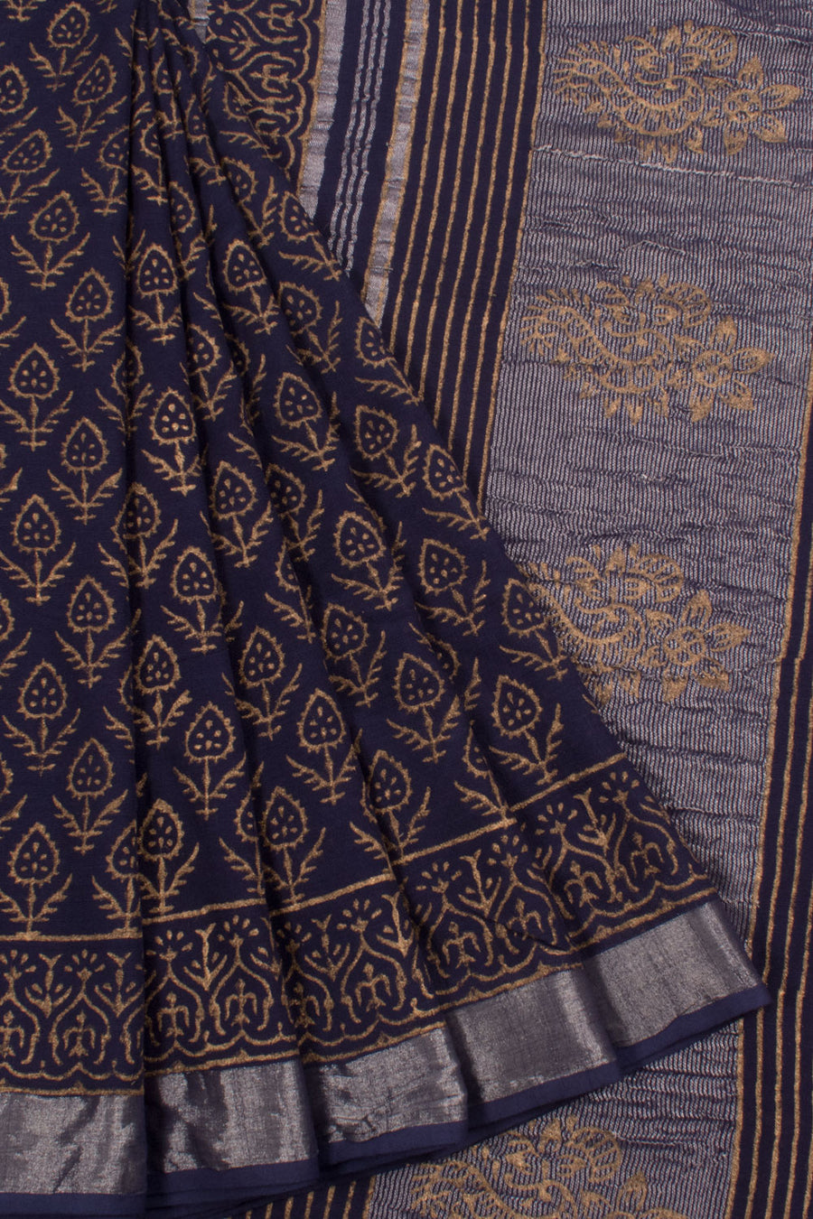 Hand Block Printed Linen Cotton Saree with Floral Motifs and Tissue Border