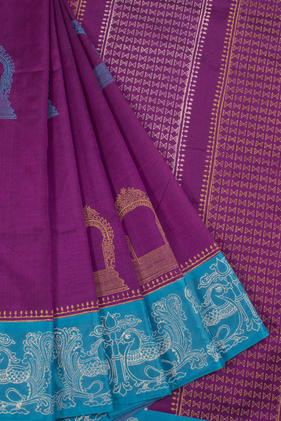 Hand Block Printed Silk Cotton Saree with Prabhavali Motifs and Annam Border