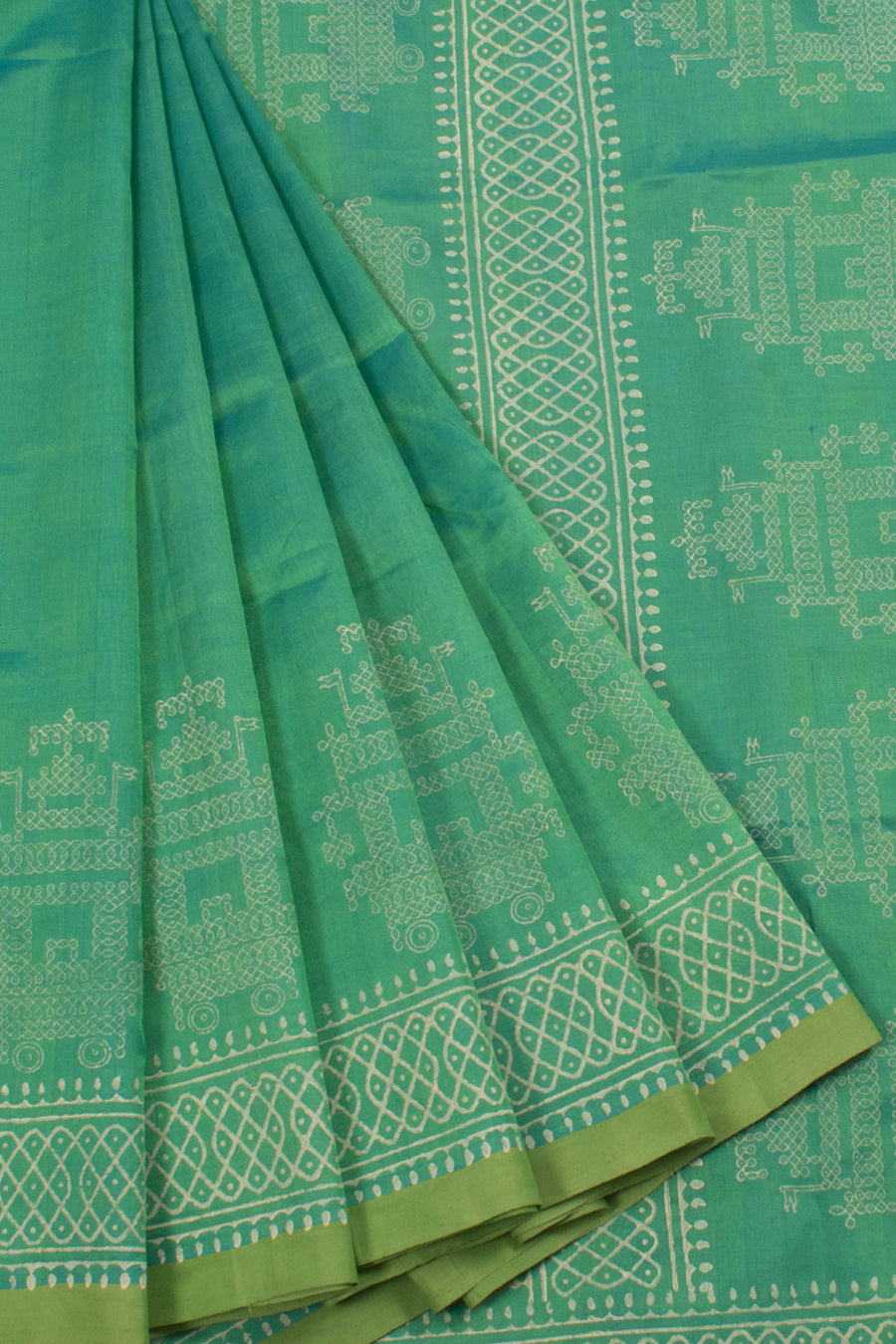 Hand Block Printed Silk Cotton Saree with Kolam Design