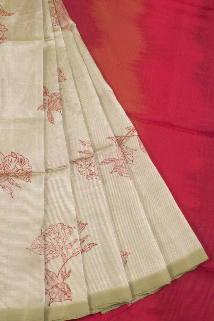 Hand Block Printed Mangalgiri Silk Saree with Floral Motifs and Ikat Pallu