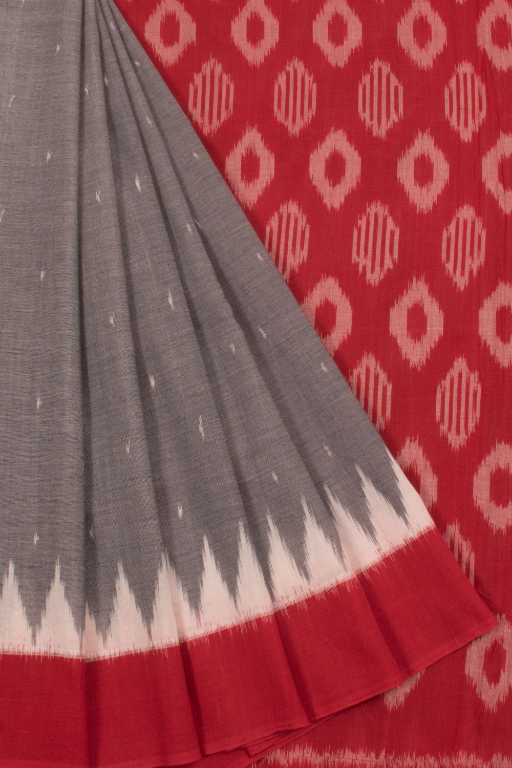 Handloom Pochampally Ikat Cotton Saree with Temple Border and Geometric Pallu