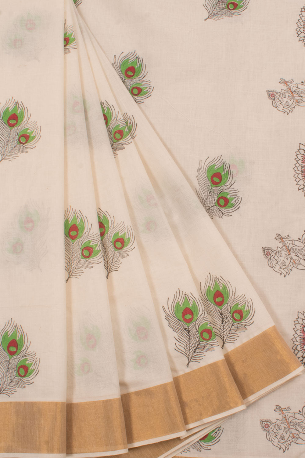 Hand Block Printed Kerala Cotton Saree with Peacock Feather, Little Krishna Motifs and Zari Border