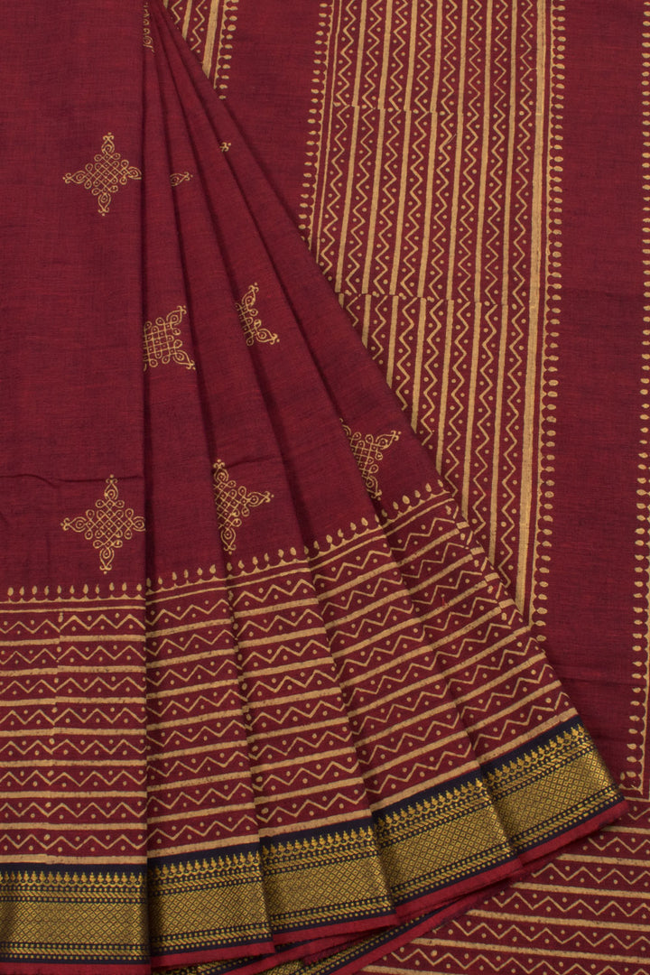 Hand Block Printed Mangalgiri Cotton Saree with Kolam Motifs and Threadwork Border