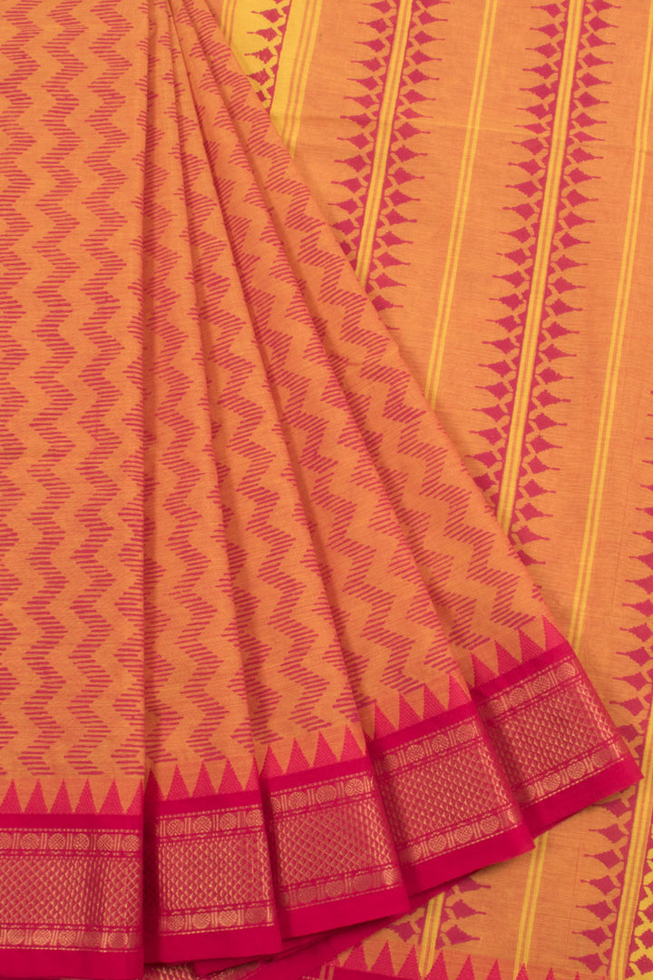 Hand Block Printed Cotton Saree with Zigzag Design and Half Diamond Design Border