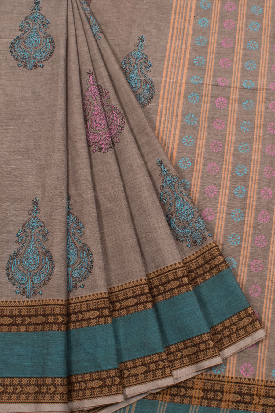 Hand Block Printed Cotton Saree with Floral Motifs and Fish Border
