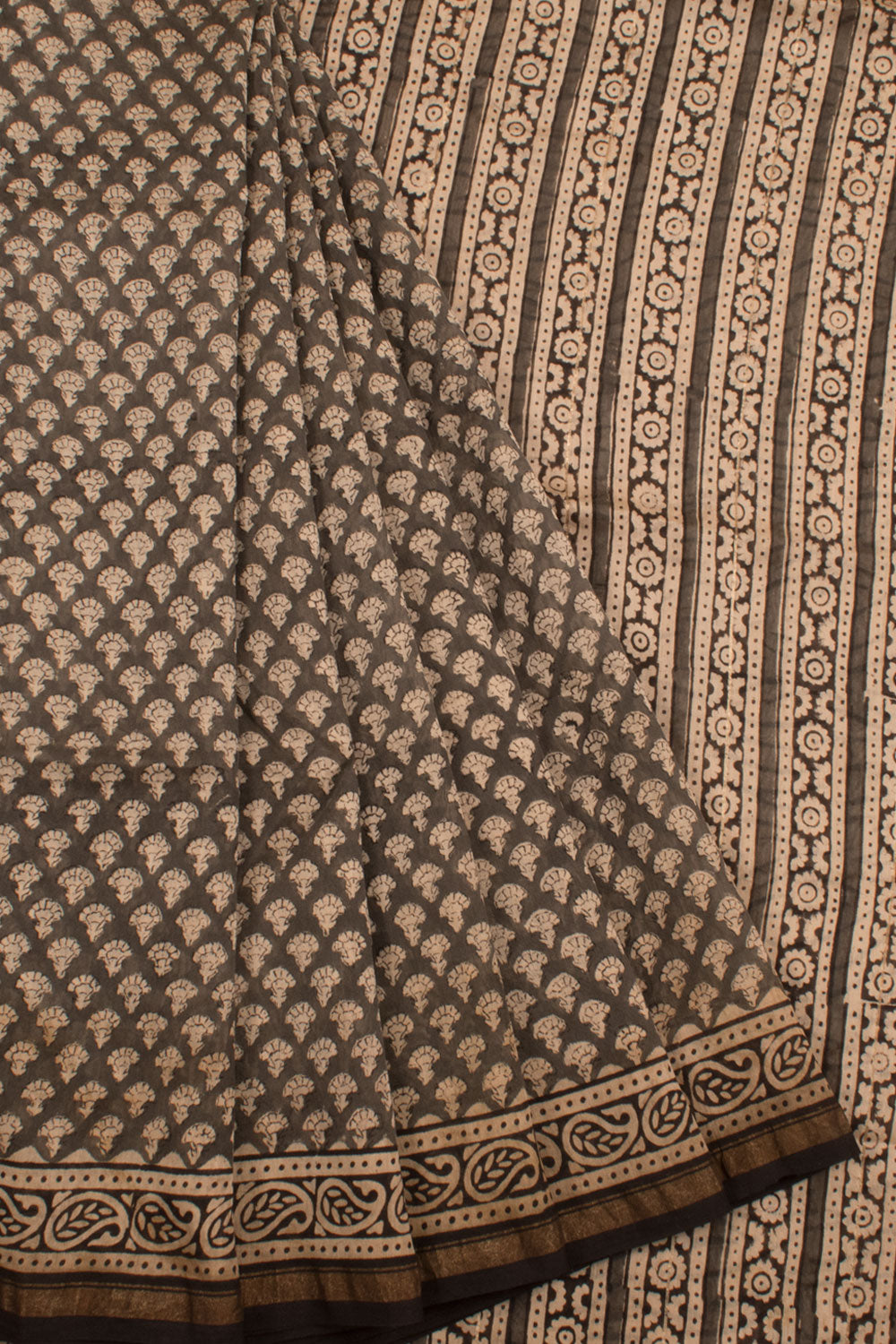 Hand Block Printed Maheshwari Silk Cotton Saree with Floral Motifs and Paisley, Zari Border