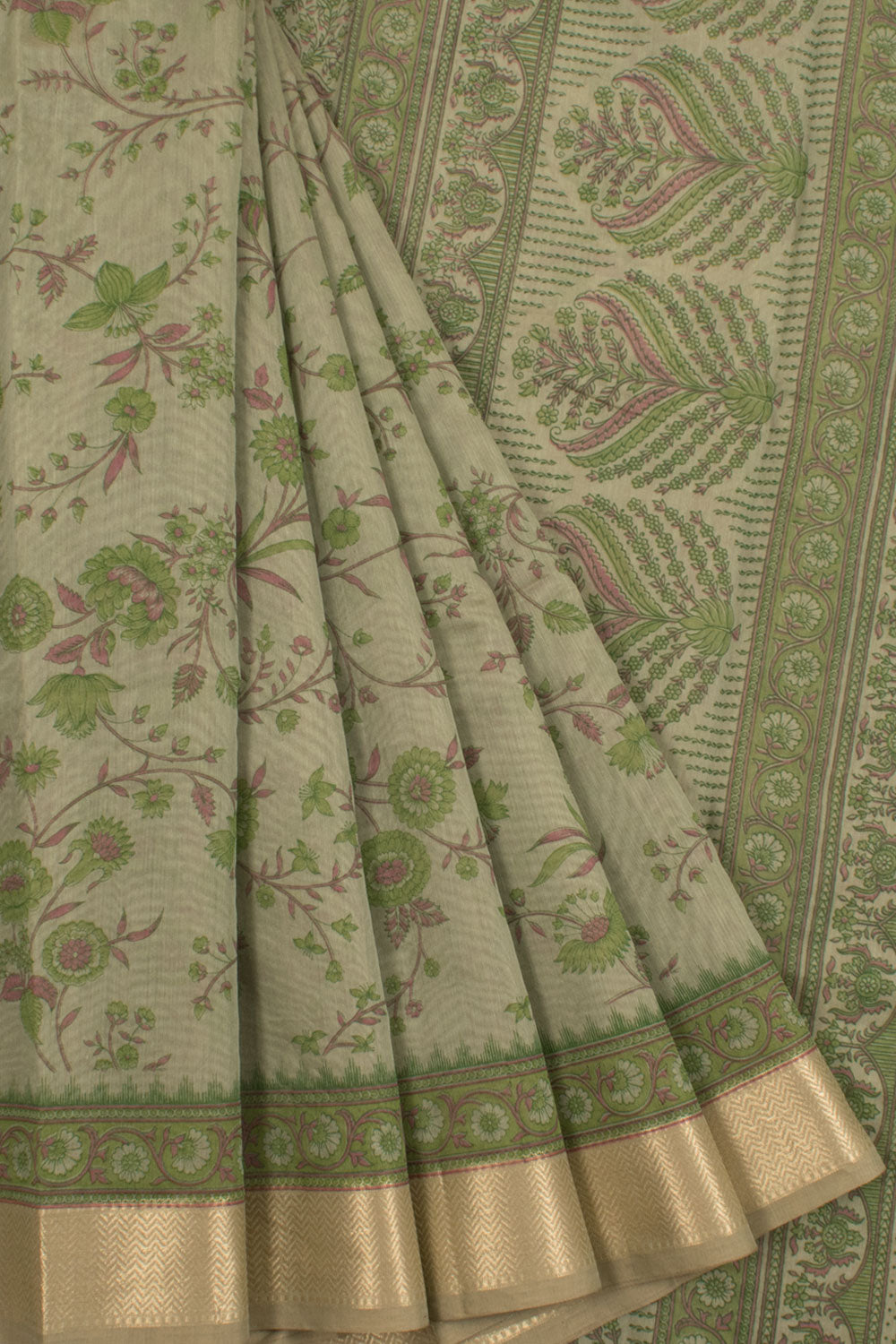 Hand Block Printed Silk Cotton Saree with Floral Motifs and Zari Border