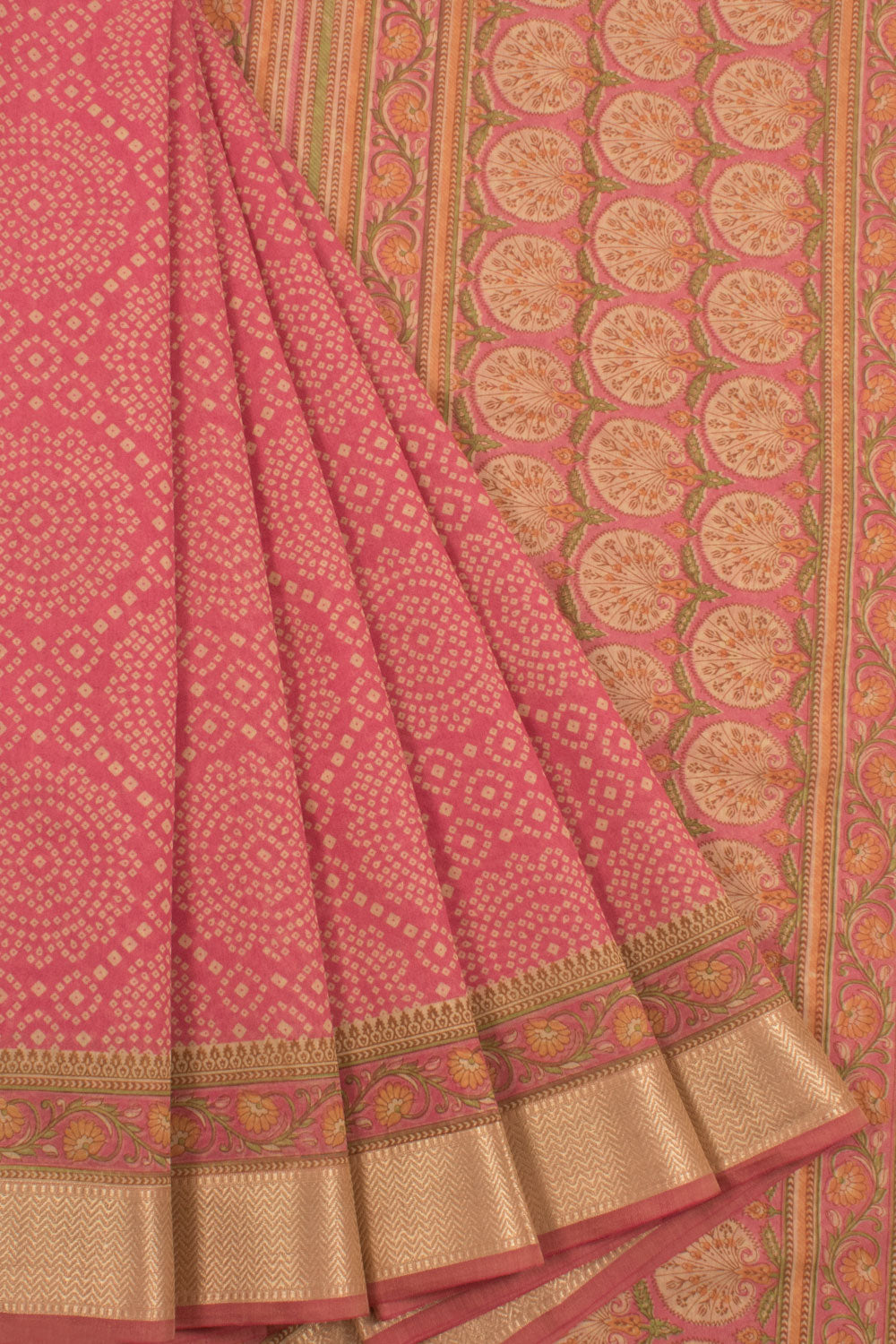 Hand Block Printed Silk Cotton Saree with Floral Motifs and Zari Border