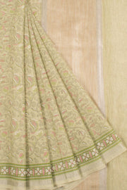 Hand Block Printed Silk Cotton Saree with Floral Motifs, Zari Stripes
