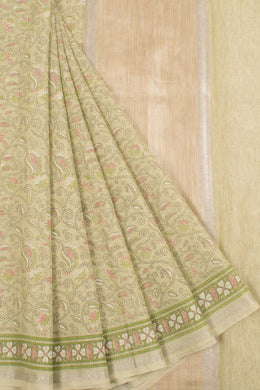 Hand Block Printed Silk Cotton Saree with Floral Motifs, Zari Stripes