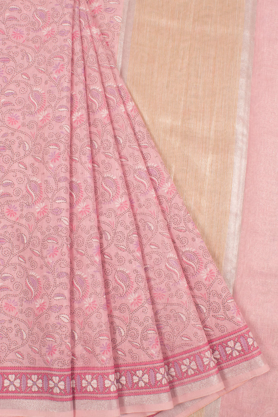 Hand Block Printed Silk Cotton Saree with Floral Motifs, Zari Stripes