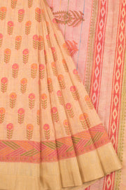 Hand Block Printed Silk Cotton Saree with Floral Motifs, Zari Stripes