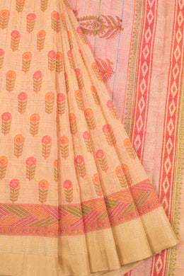 Hand Block Printed Silk Cotton Saree with Floral Motifs, Zari Stripes