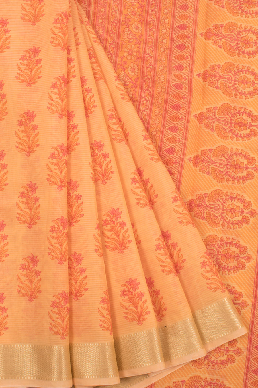 Hand Block Printed Silk Cotton Saree with Floral Motifs and Zari Border 