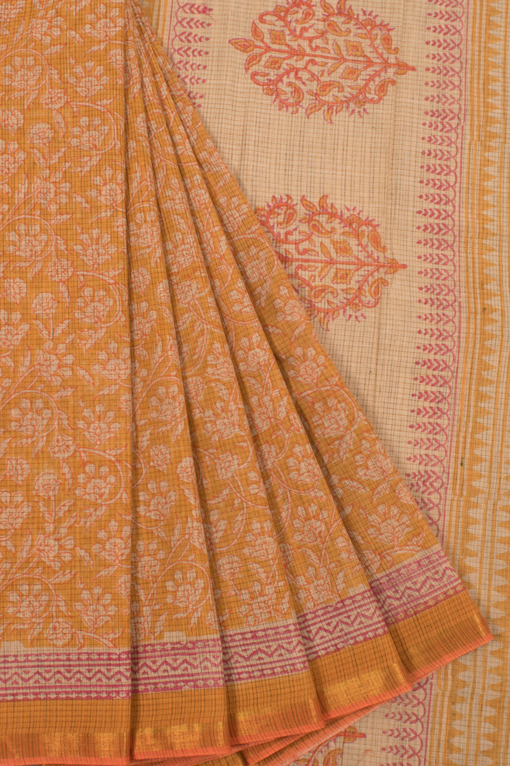 Hand Block Printed Khadi Cotton Saree with Floral Motifs and Zari Border 