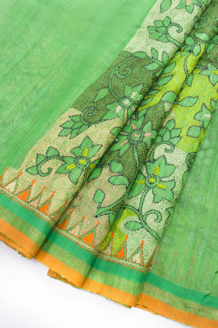 Green Kantha Embroidered Silk Cotton Blouse Material 10061886