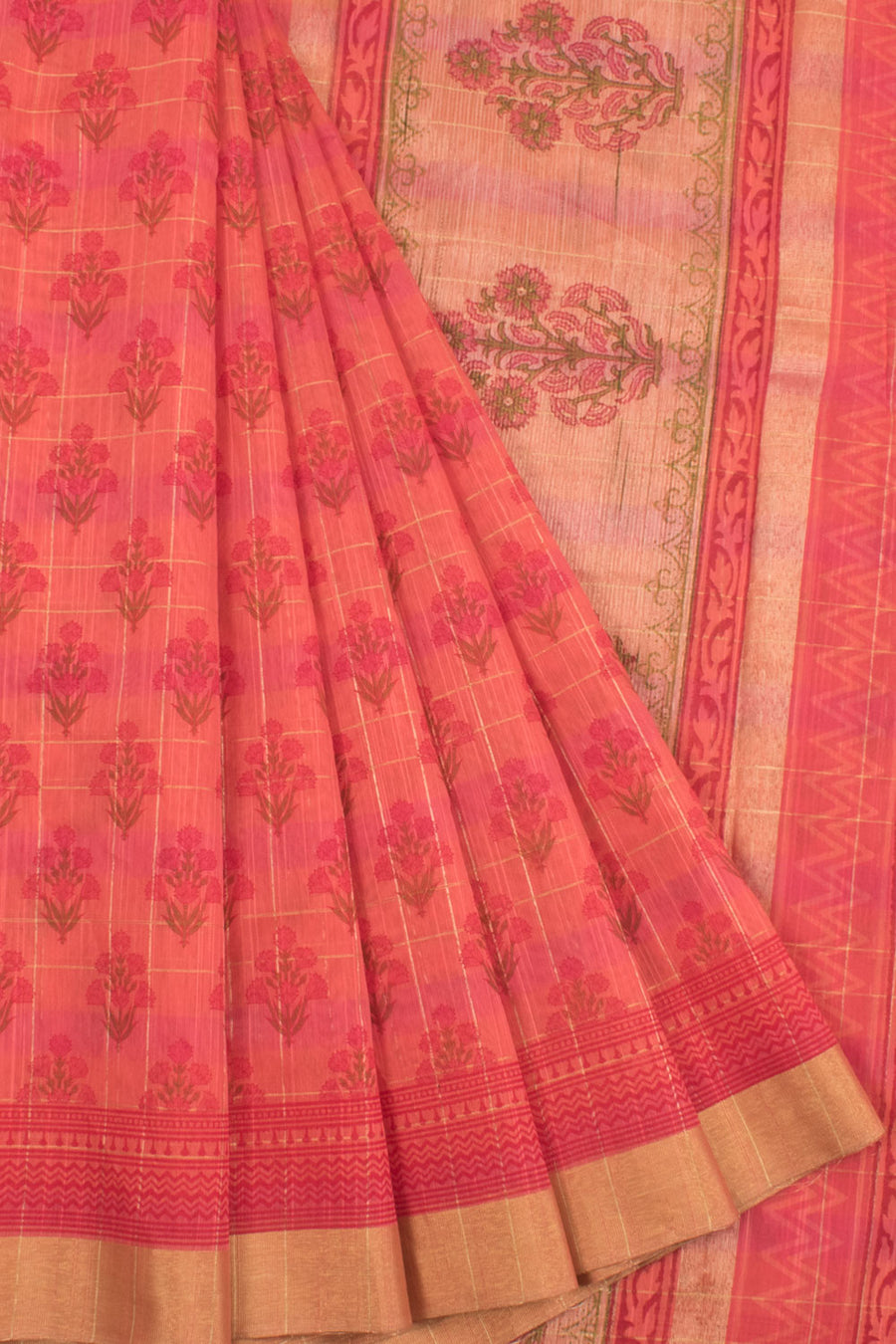 Hand Block Printed Silk Cotton Saree with Floral Motifs, Zari Stripes 