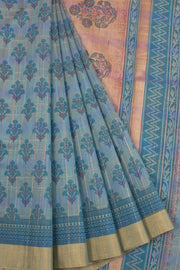 Hand Block Printed Silk Cotton Saree with Floral Motifs, Zari Stripes