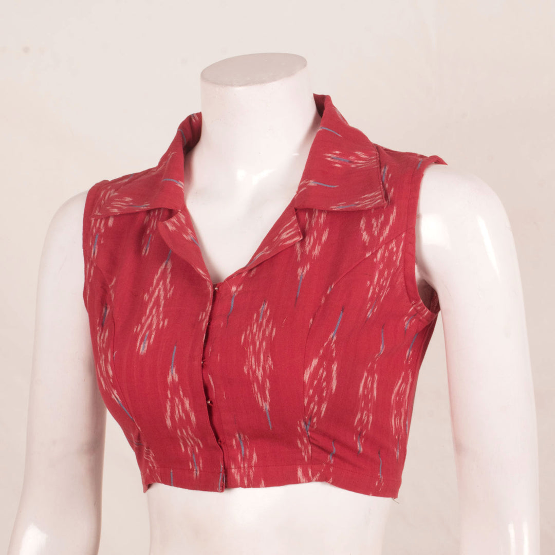 Handloom Sleeveless Pochampally Ikat Cotton Blouse with Shirt Style Collar Neck