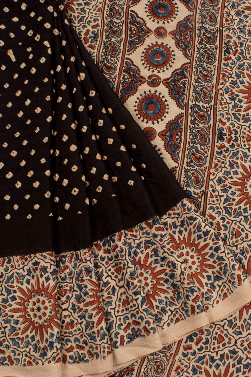 Ajrakh Printed Bandhani Modal Silk Saree with Geometric Designs