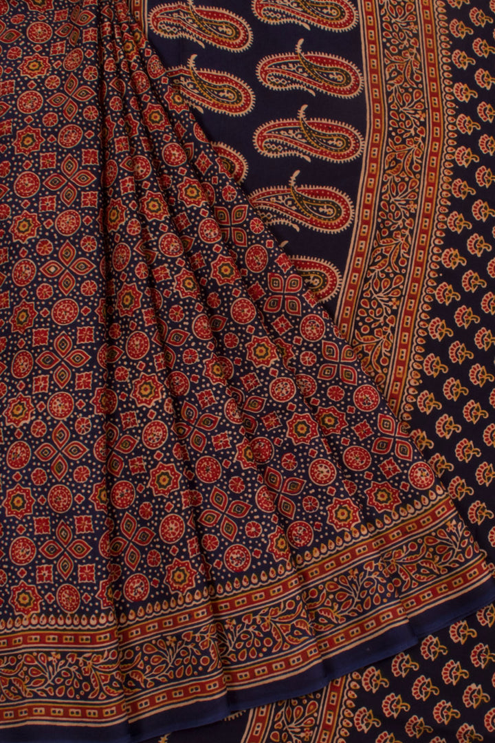 Ajrakh Printed Modal Silk Saree with Geometric Designs