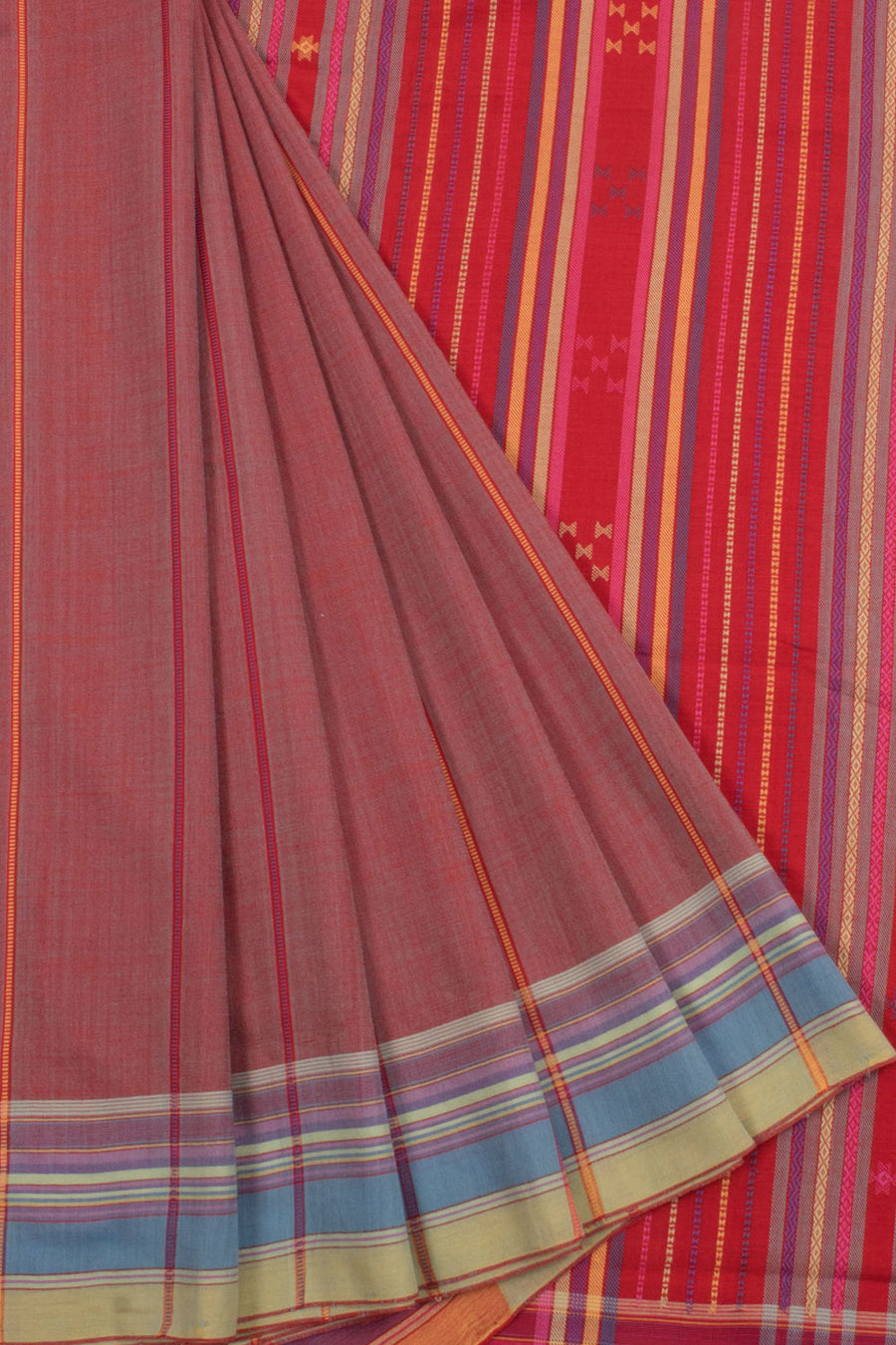 Handloom Bhujodi Kutch Cotton Saree with Stripes Design and Fancy Tassels