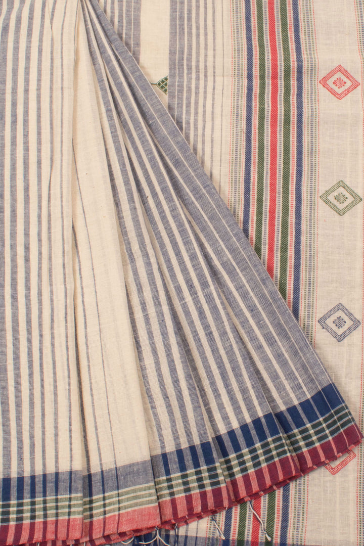 Handloom Bhujodi Kutch Kala Cotton Saree with Stripes Design, Geometric Pallu and Fancy Tassels 