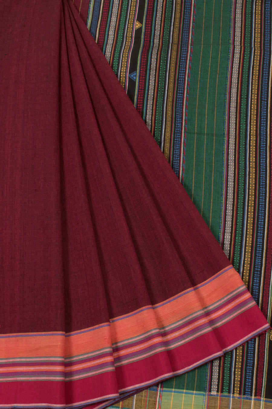Handloom Bhujodi Kutch Kala Cotton Saree with Multicolour Border and Fancy Tassels