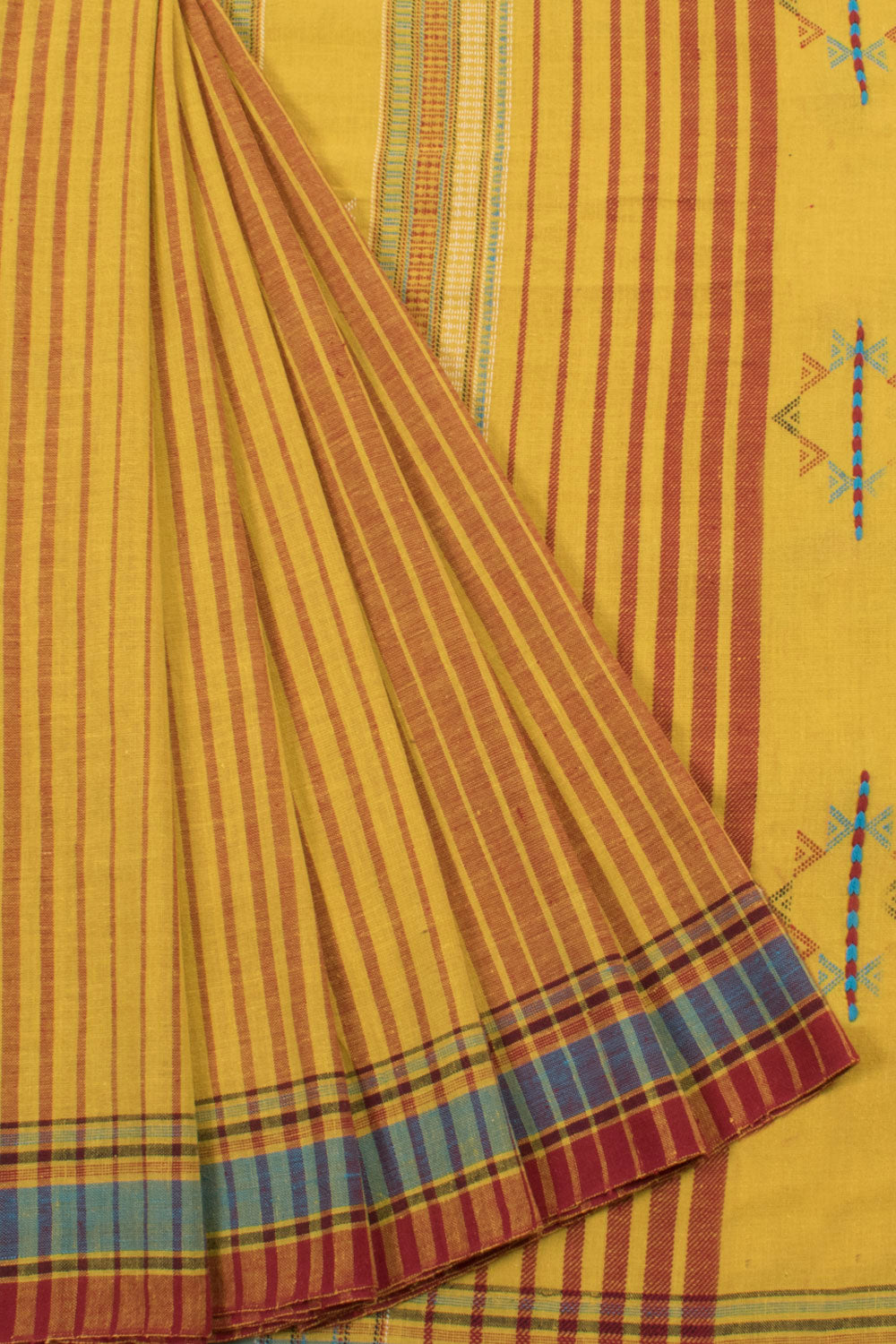 Handloom Bhujodi Kutch Kala Cotton Saree with Stripes Design and Fancy Tassels