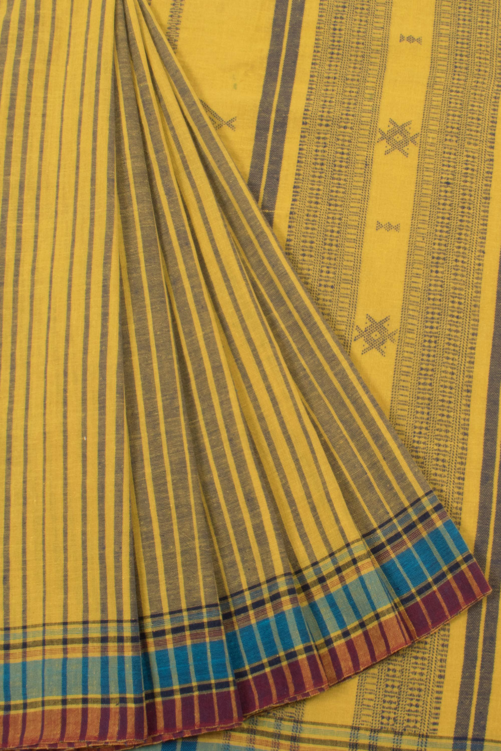 Handloom Bhujodi Kutch Kala Cotton Saree with Stripes Design and Fancy Tassels