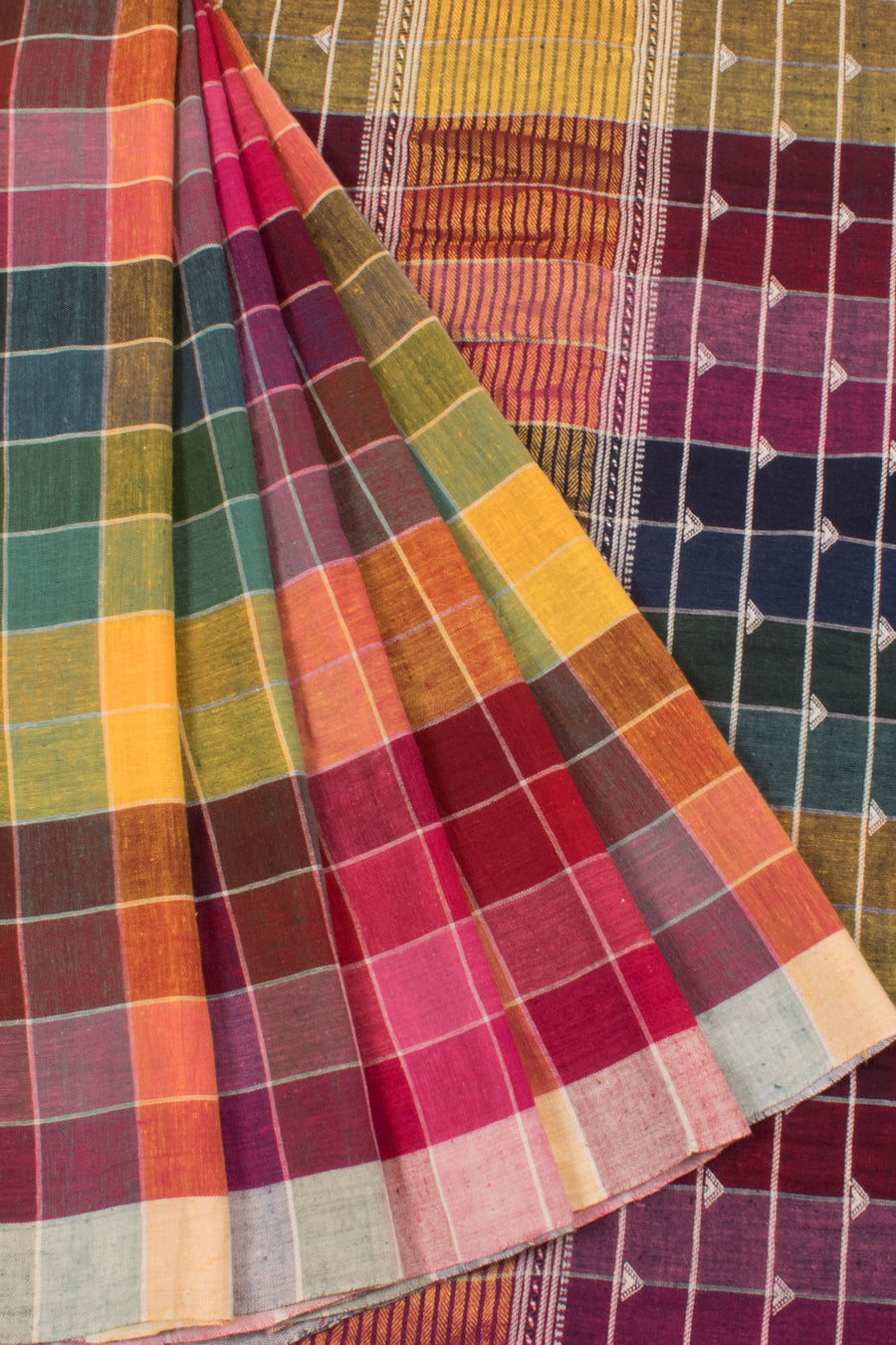 Handloom Bhujodi Kutch Kala Cotton Saree with Multicolour Checks Design and Fancy Tassels