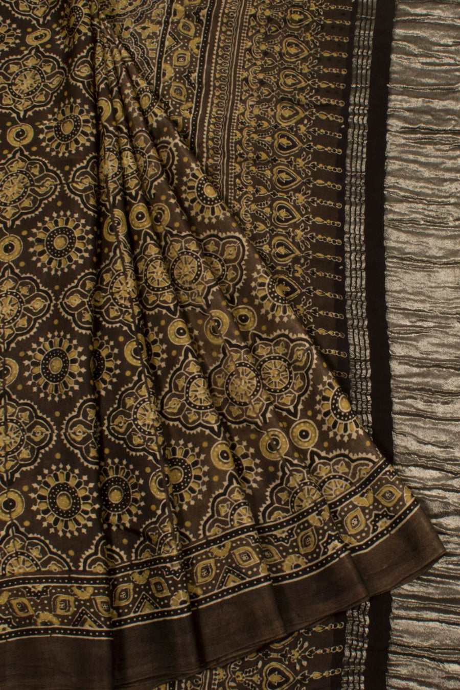 Ajrakh Printed Modal Silk Saree with Geometric Designs and Tissue Pallu 