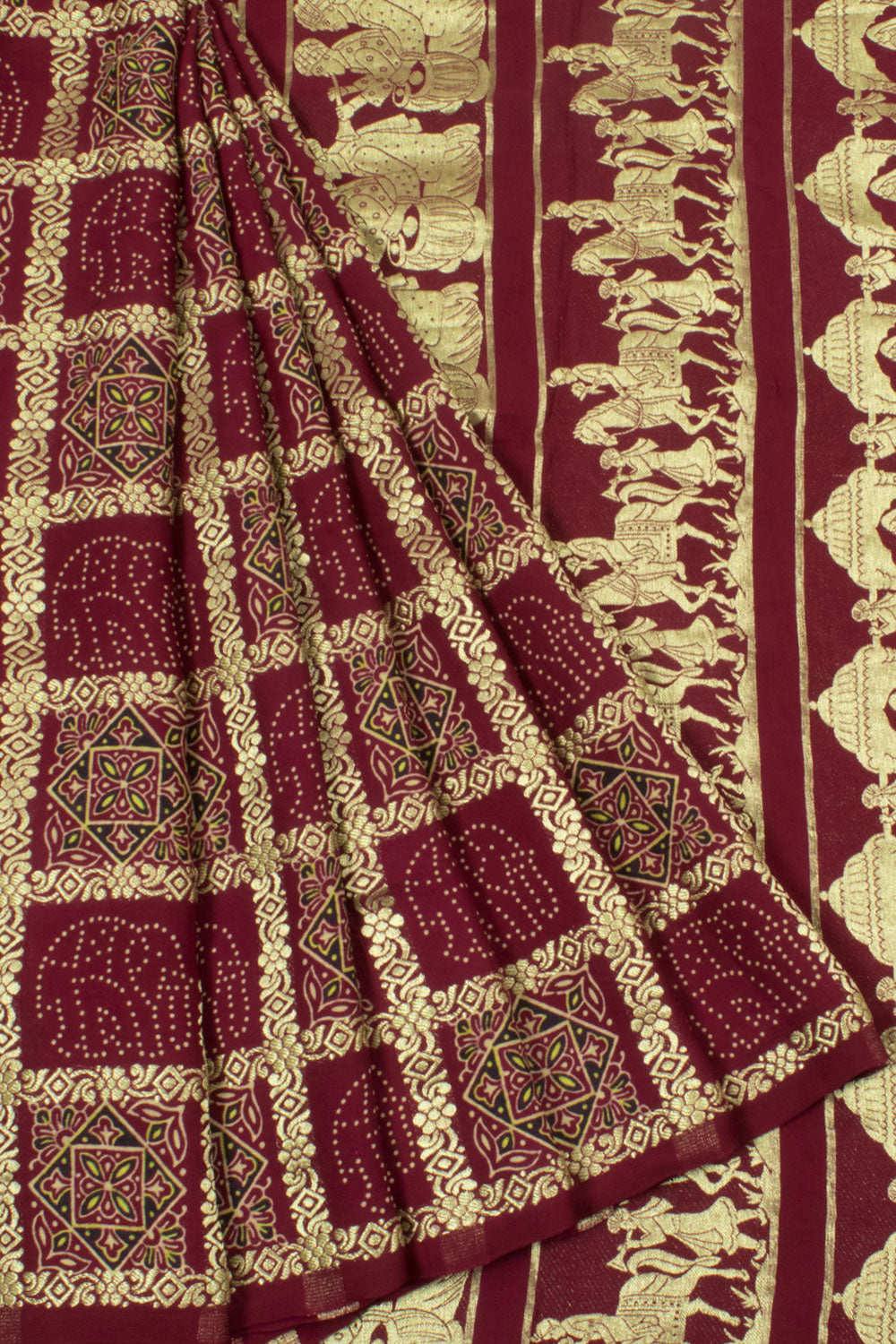 Handloom Gharchola Modal Silk Saree with Ajrakh Prints and Wedding Procession Pallu