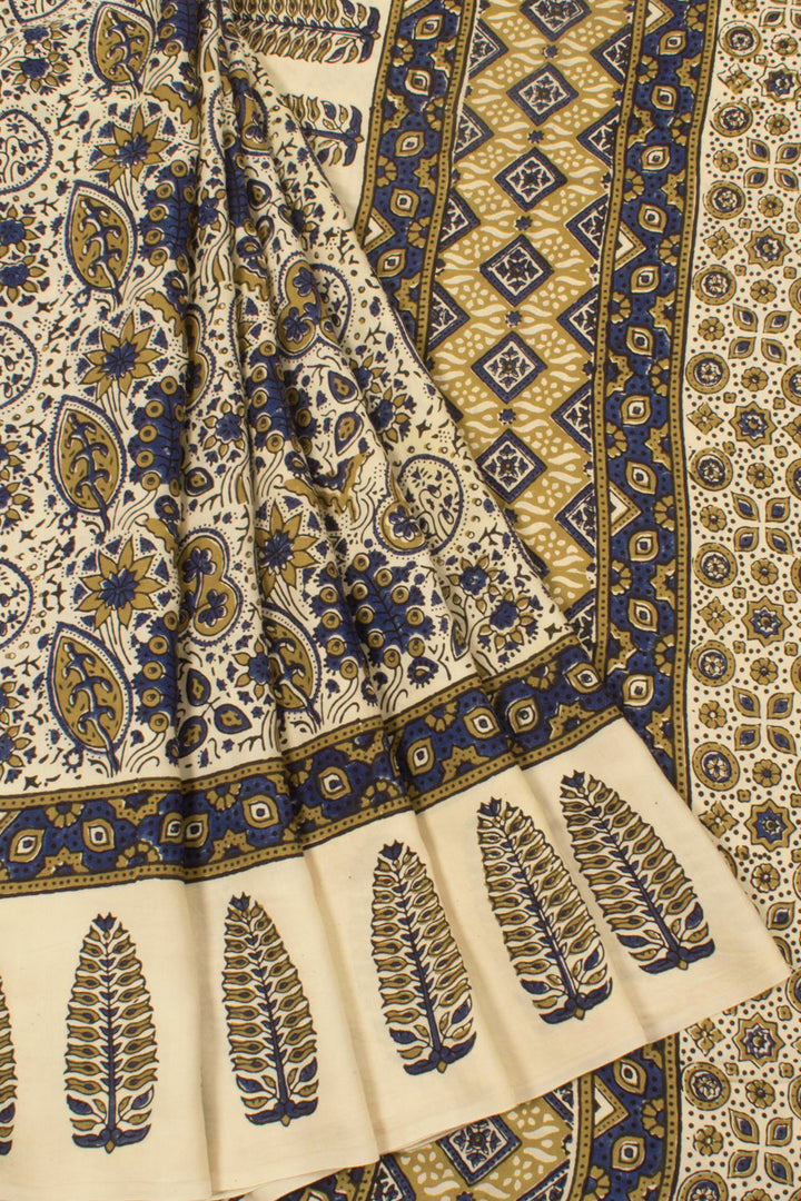 Ajrakh Printed Modal Silk Saree with Floral, Geometric Design