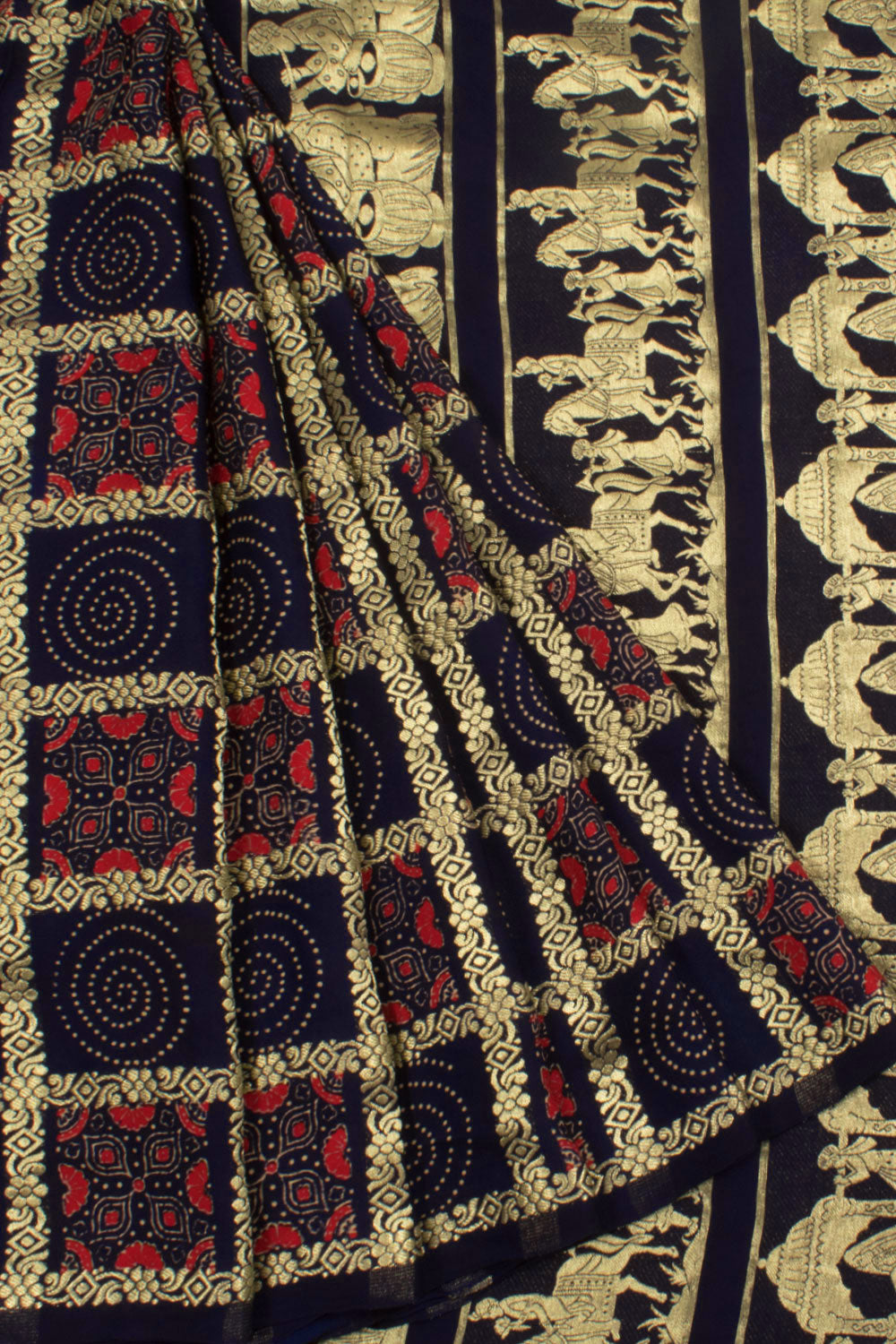Handloom Gharchola Modal Silk Saree with Ajrakh Print and Wedding Procession Pallu