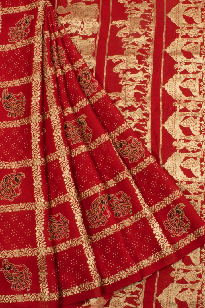 Handloom Ghar Chola Modal Silk Saree with Ajrakh Printed Dancing Girl Motifs and Wedding Procession Pallu