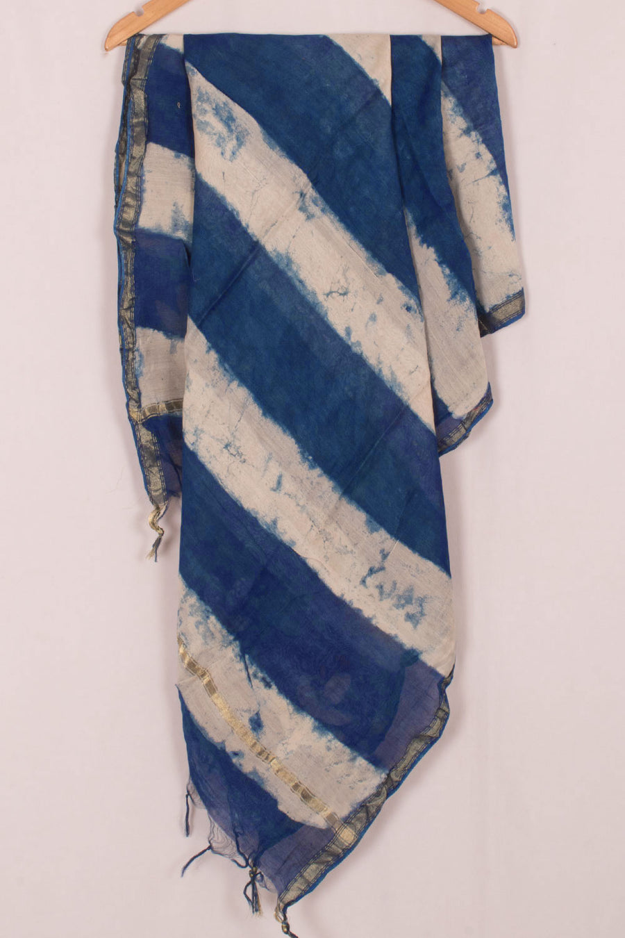 Dabu Printed Chanderi Indigo Silk Cotton Dupatta with Stripes Design