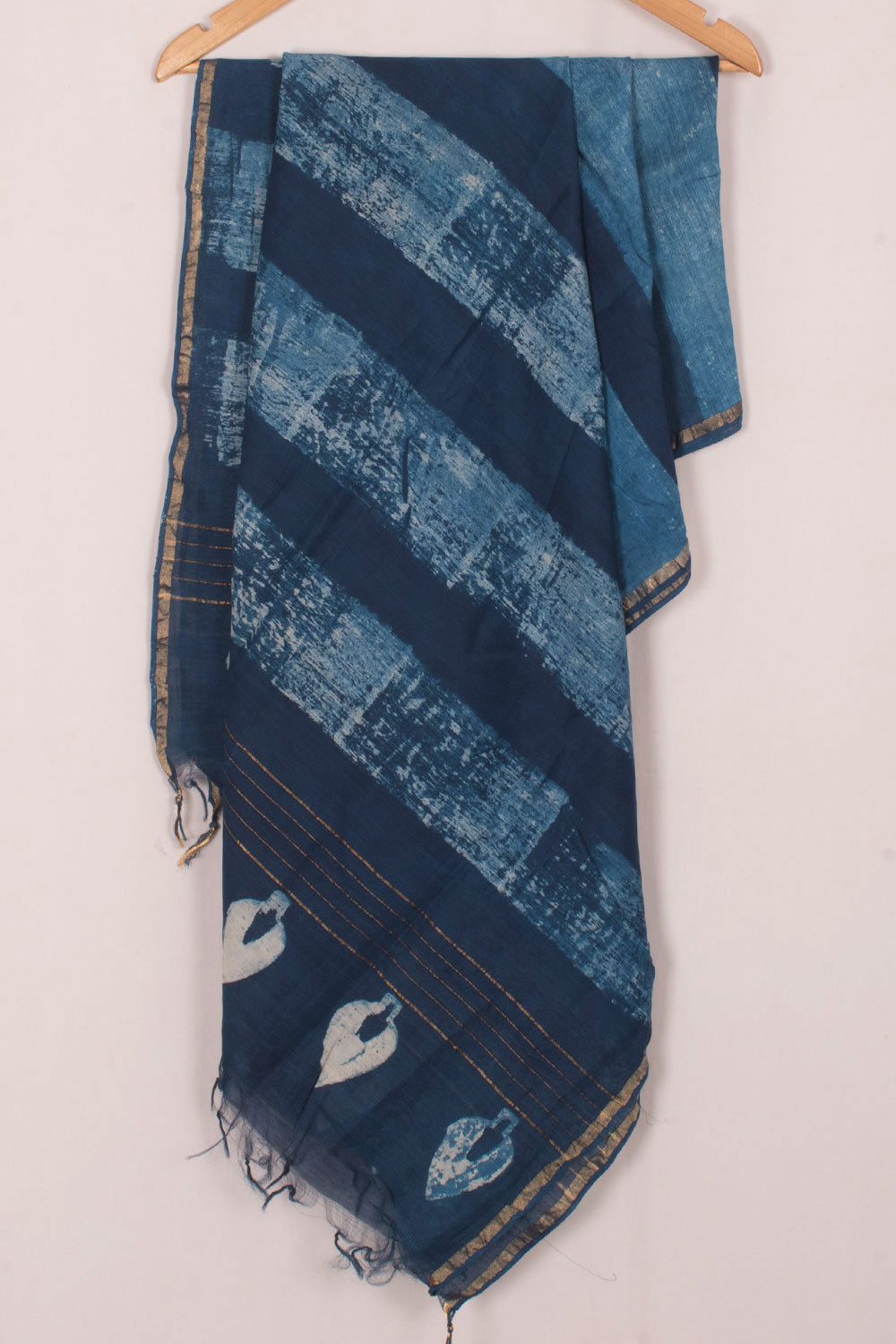Dabu Printed Chanderi Indigo Silk Cotton Dupatta with Stripes
