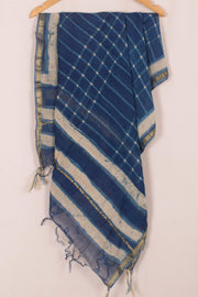 Dabu Printed Chanderi Indigo Silk Cotton Dupatta with Checks