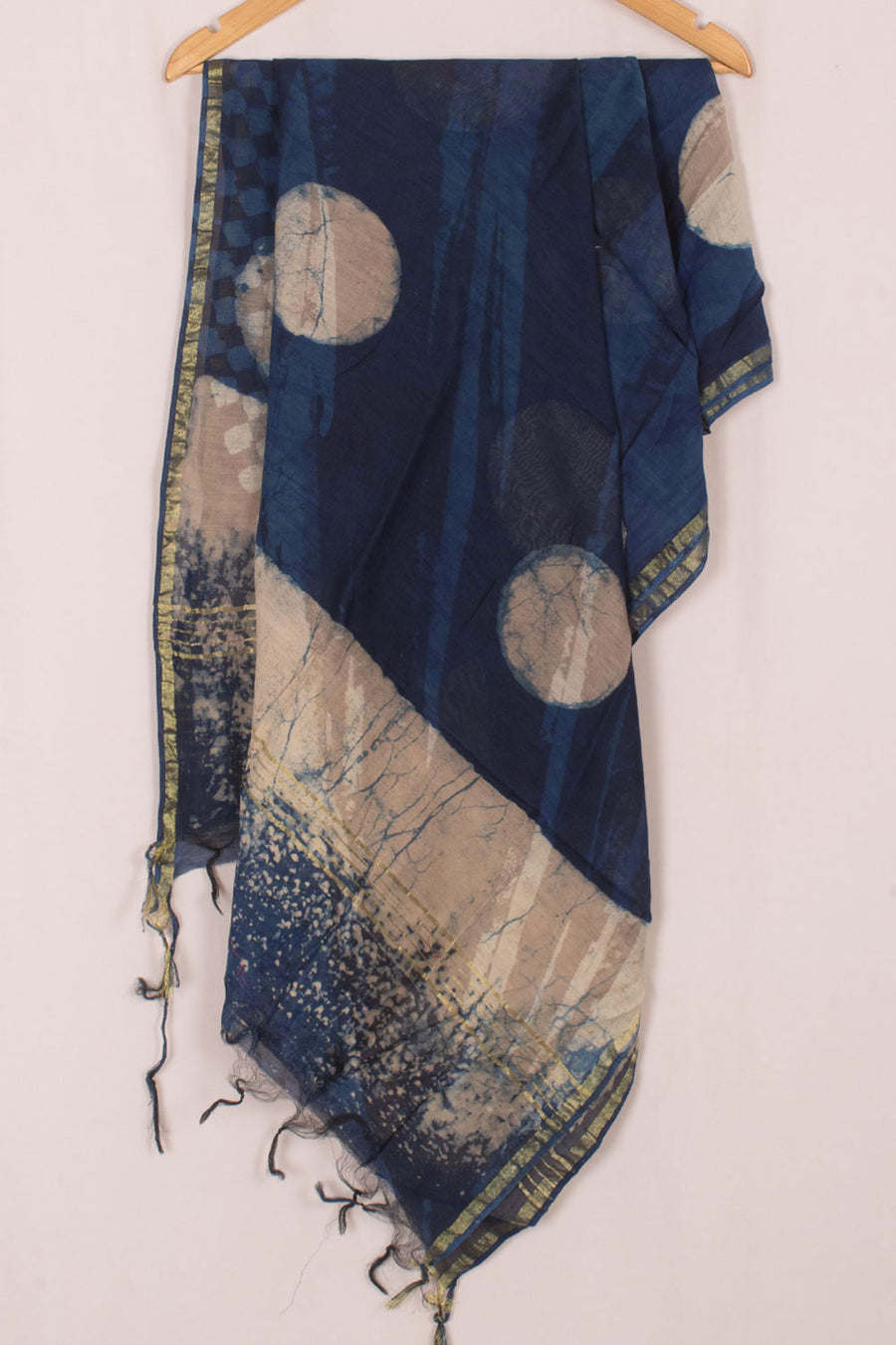 Dabu Printed Chanderi Indigo Silk Cotton Dupatta with Geometric Design