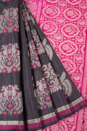 Deep Grey Chhattisgarh Meenakari Tussar Silk Saree 10059719