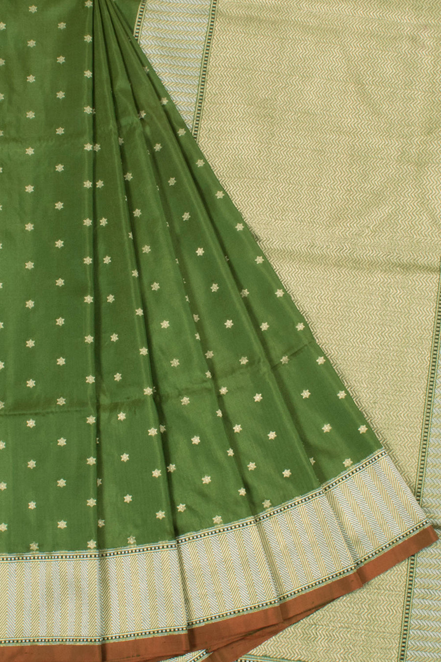 Handloom Banarasi Katrua Katan Silk Saree with Tara Butis and Zigzag Design Border