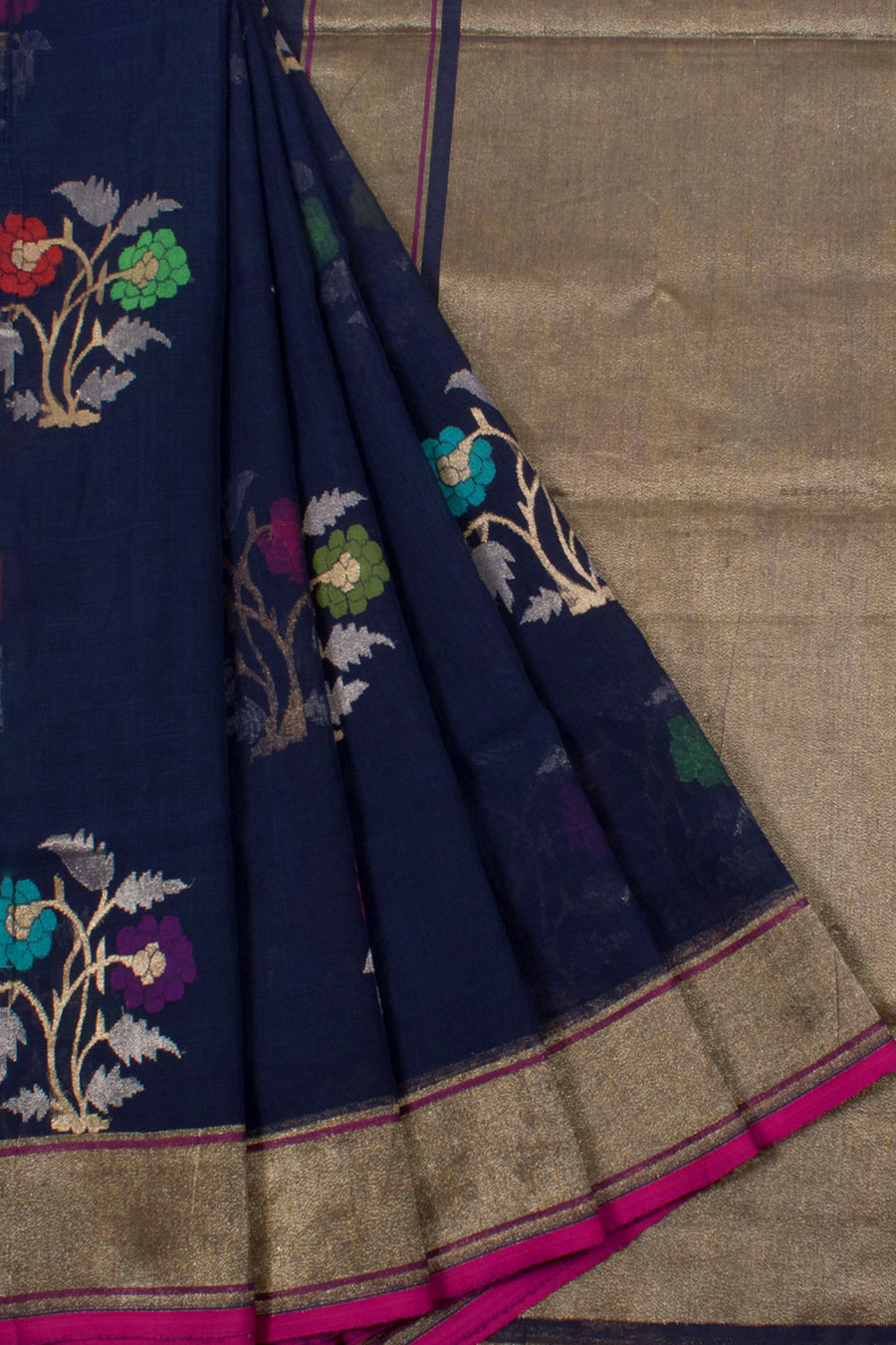 Handloom Banarasi Jamdani Cotton Saree with Meenakari Floral Butis and Tissue Border
