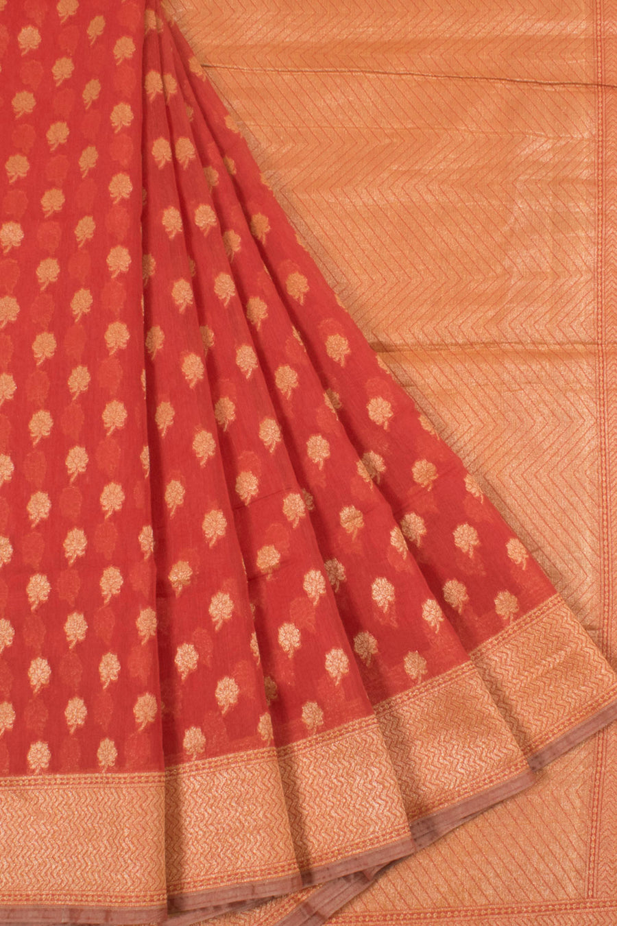 Handloom Banarasi Katrua Silk Cotton Saree with Floral Butis and Zigzag Border