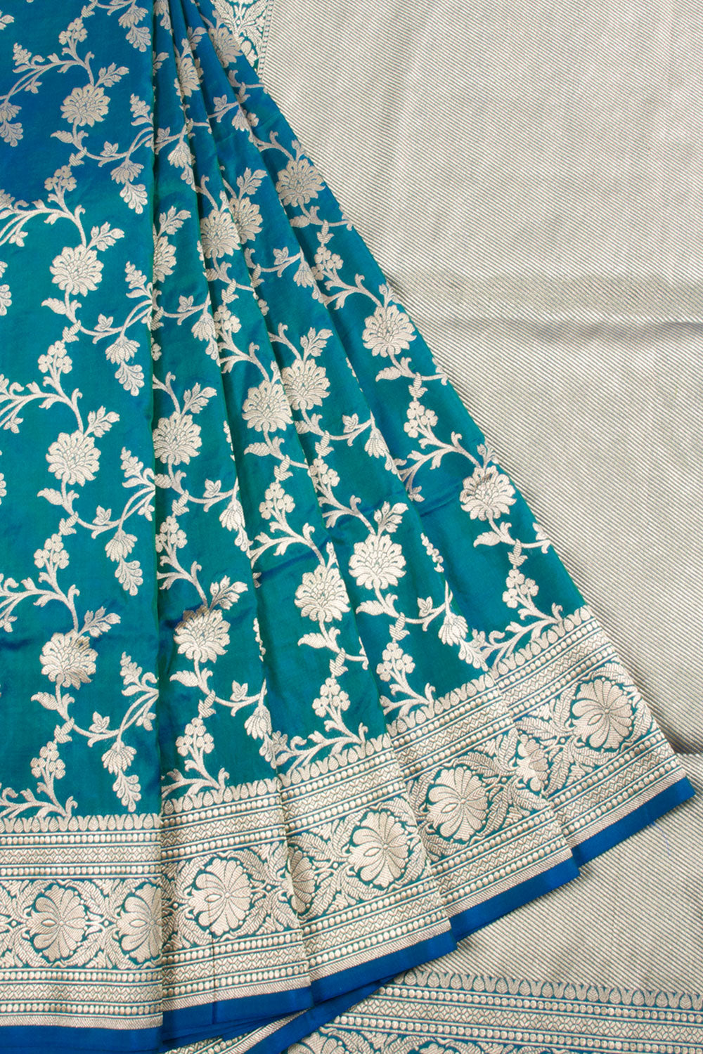 Teal Blue Handloom Banarasi Katrua Silk Saree 10061289