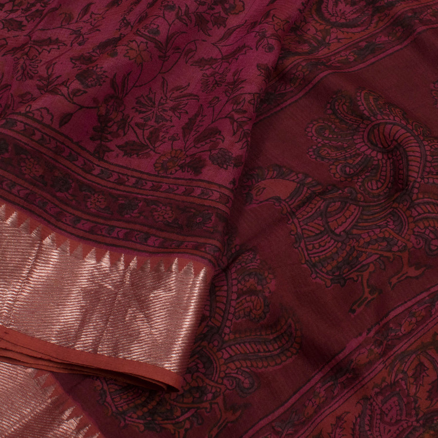Ajrakh Printed Silk Cotton Saree with Floral Motifs, Zari Border, Peacock Pallu