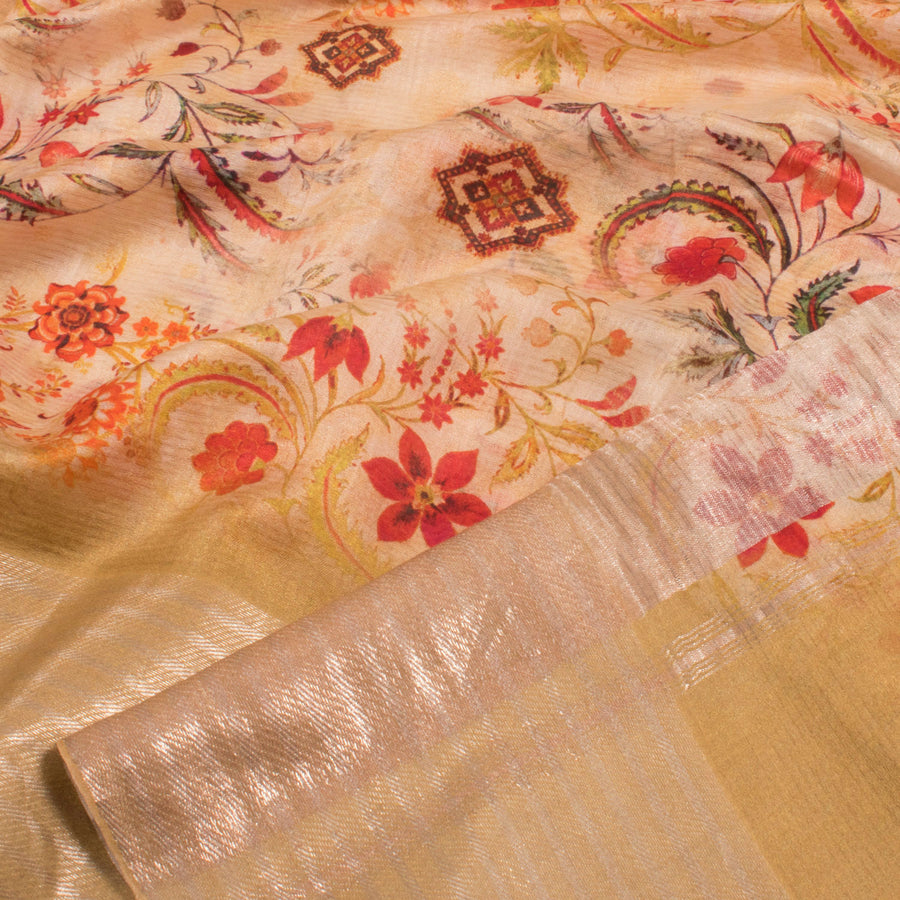 Digital Printed Muga Silk Saree with Floral Motifs and Zari Stripes Border 